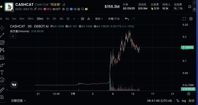 The image shows a candlestick chart of CASHCAT token with a price of $0.15635 (up 1.13%), displaying a sharp spike in price followed by volatile trading around the $0.15 level on a 30-minute timeframe. This visually supports the post's claim of strong momentum for Cash Cat, highlighting its notable upward price action amidst references to other tokens like HOODRAT and JUGGERNAUT.
