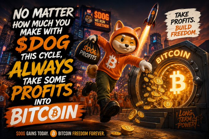 A vibrant promotional graphic featuring an anthropomorphic Shiba Inu character in a Bitcoin logo hoodie running with a "$DOG PROFITS" money bag, alongside a vault of gold Bitcoin coins. The image displays bold text reading "NO MATTER HOW MUCH YOU MAKE WITH $DOG THIS CYCLE, ALWAYS TAKE SOME PROFITS INTO BITCOIN," along with "$DOG WE RUN TOGETHER," "TAKE PROFITS. BUILD FREEDOM.," and "BITCOIN FREEDOM FOREVER."

The image visually reinforces the post's message by illustrating the bridge between the meme-driven $DOG community and Bitcoin, symbolizing how the Shiba Inu serves as an accessible entry point that eventually leads adopters toward lasting financial sovereignty through Bitcoin.