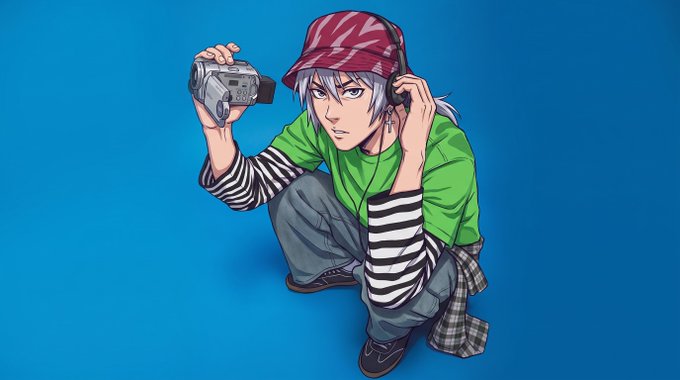 An anime-style illustration of a young man in a green shirt, striped sleeves, and plaid shirt crouching while holding a vintage camera and wearing headphones against a blue background.