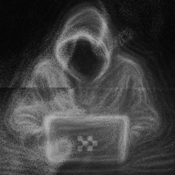 A dark, grainy, charcoal-style sketch of a hooded figure with a blank dark face, hunched over and using a laptop displaying an 'X' symbol, suggesting an anonymous hacker.