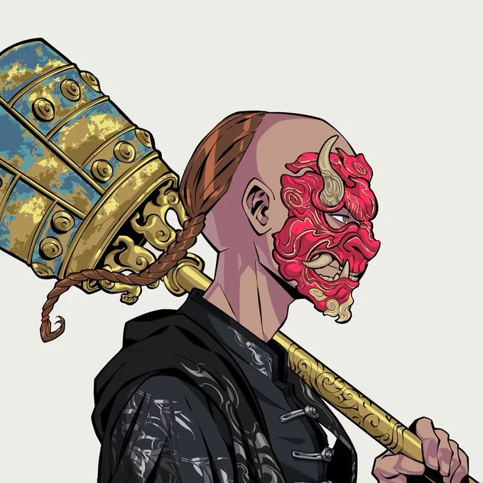 A stylized digital illustration of a side profile of a bald person with a red demon mask tattoo on their face, holding a large, ornate golden hammer over their shoulder.