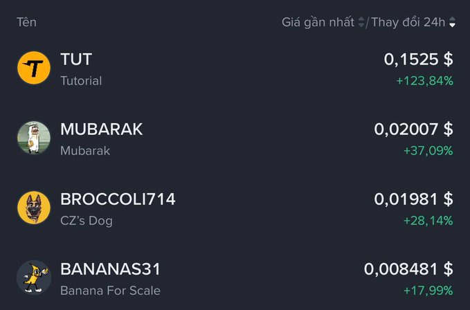 A cryptocurrency price tracker displays four tokens with their prices and 24-hour changes: TUT (Tutorial) at $0.1525 (+123.84%), MUBARAK at $0.02007 (+37.09%), BROCCOLI714 (CZ's Dog) at $0.01981 (+28.14%), and BANANAS31 (Banana For Scale) at $0.008481 (+17.99%).