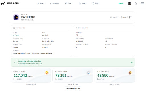 A screenshot of a 'WURK.FUN' platform showing a job listing by 'STATIKHEADZ' for a 'Social & Growth (Web3) / Community Growth Strategy' contributor role, with earnings of 117,042 $WURK, 73,151, and 43,890 shown for different bonuses.