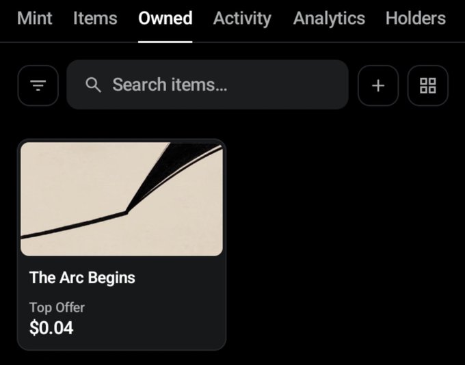 A screenshot of a digital marketplace interface showing an 'Owned' tab with an NFT titled 'The Arc Begins' and a Top Offer of $0.04.