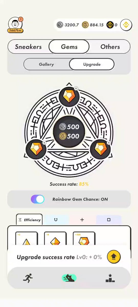 The image shows a phone screen displaying a game progress bar with three different levels of success, each represented by a unique symbol or icon. The first level has a diamond shape, the second one resembles a triangle, and the third one looks like a circle. The text on the screen indicates that the player has achieved 85% success in leveling up their character.
