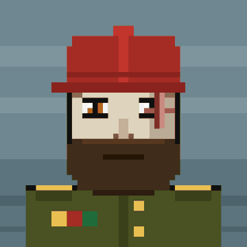 A pixel art character with a thick beard wearing a red cap and green military-style uniform with colorful badge insignia against a blue-gray background.
