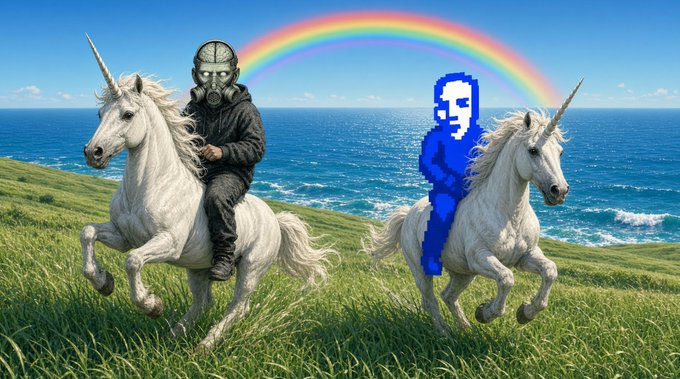 A surreal scene with a rainbow in the background, showing a figure in a gas mask riding a white unicorn alongside a blue pixelated figure on another unicorn, with an ocean behind them.