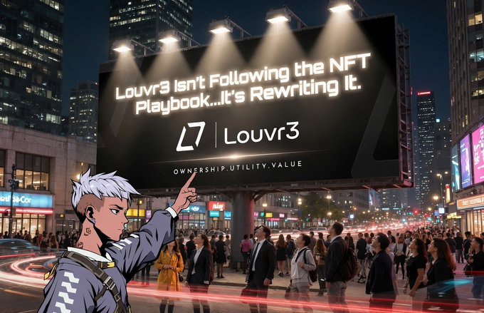 An anime-style promotional image for 'Louvr3' featuring the tagline 'Louvr3 isn't Following the NFT Playbook...It's Rewriting It.' with 'OWNERSHIP.UTILITY.VALUE' and a character pointing toward a large billboard in a busy city scene at night.