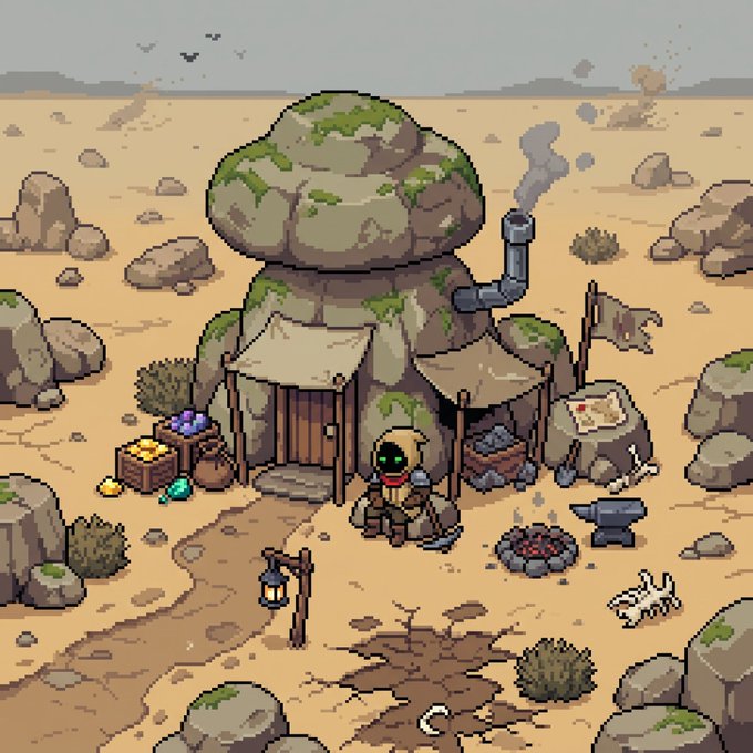 A pixel art desert scene shows a masked miner character standing outside a mushroom-shaped stone dwelling equipped with a smokestack, anvil, campfire, and crates of gems. The post "🔷Looking for Miners🔷" aligns with the image, as the central character appears to be a miner offering services in this remote, rocky outpost.