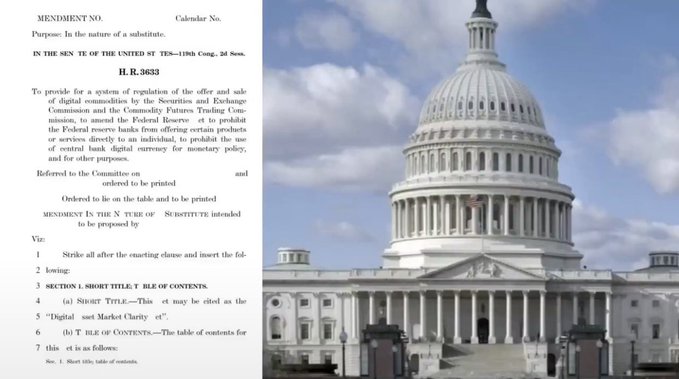 The image shows a split composition with text from H.R. 3633, the "Digital Asset Market Clarity Act," alongside the U.S. Capitol building. The legislation text begins with "SECTION 1. SHORT TITLE" and references market structure rules for digital commodities—directly tying to the post's announcement that the CLARITY Act vote is scheduled for next week, a pivotal moment for XRP and the broader crypto regulatory landscape.