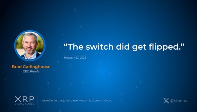 A promotional graphic from the XRP Visual Series features a quote from Brad Garlinghouse, CEO of Ripple, stating "The switch did get flipped." dated February 27, 2026, set against a blue background. The image ties to the post's theme of Japan embracing digital assets, highlighting Ripple's expanding role in Japan's financial evolution through the listing of RLUSD as a regulated stablecoin.