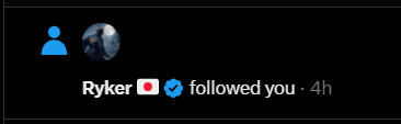 The image shows a notification stating "Ryker followed you · 4h" with a profile icon. This relates to the post expressing gratitude that the prominent crypto influencer @Ryker_Crypto is now following a smaller content creator, highlighting the creator's respect for Ryker's trading insights after experiencing losses from a manipulated Binance Alpha coin ($MYX).