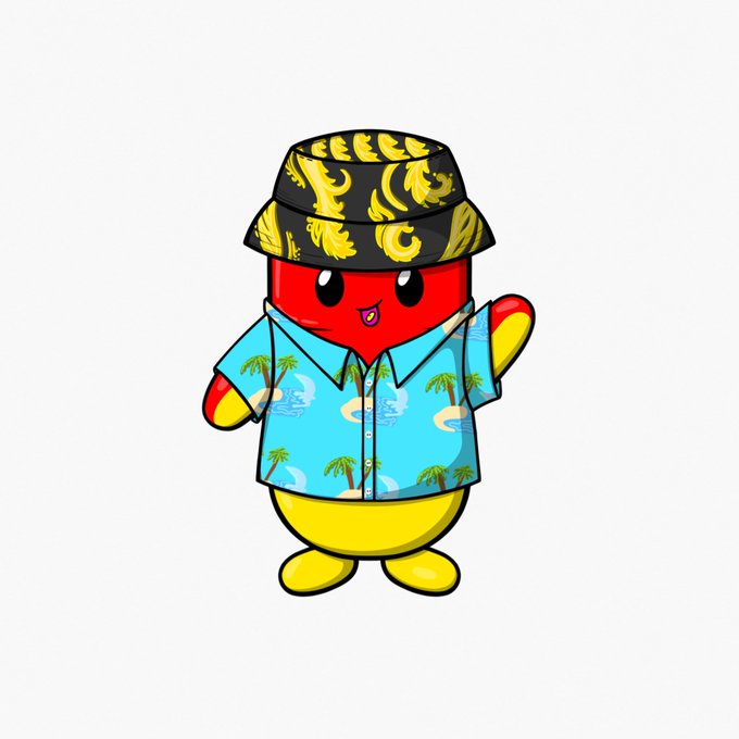 A red chili pepper mascot named Chilli, wearing a black and gold Versace-style bucket hat and a tropical blue Hawaiian shirt, is waving cheerfully. The image relates to the post as a mascot introducing an upcoming DJ set at the Chill Pill Fest event in the Otherside ODK this weekend.