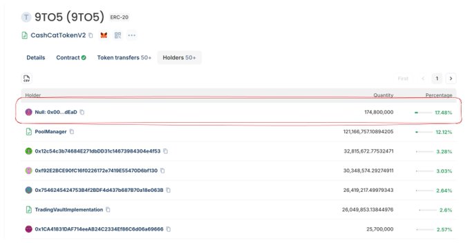 Etherscan holder list for the 9TO5 (9TO5) ERC-20 token, showing a single "Null: 0x00...efadD" address holding 174,800,000 tokens (17.48%) — likely the mint/contract address — while the top real holder, "PoolManager," controls 12.12% with ~121.16B tokens, illustrating the early concentrated supply behind the StonkBroker project on day 1.