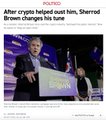 A Reuters news article screenshot with the headline 'After crypto failure, Shiba Inu, Shammel Brown changes his tune,' showing a man in a suit holding up a 'Shib the Hodl' sign.