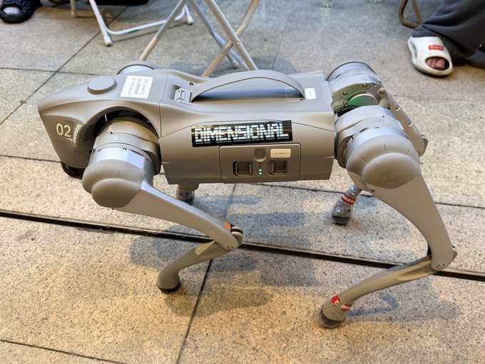 A gray quadruped robot with the number '02' and the text 'DIMENSIONAL' on its side stands on a tiled floor, with a person's foot visible in the background.