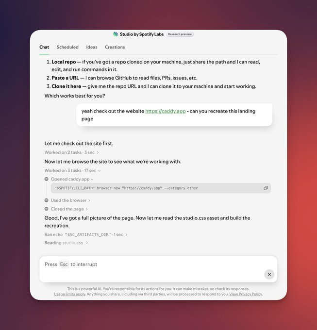 The image shows a screenshot of "Studio by Spotify Labs" (a Research preview AI tool) asking the user to choose between providing a local repo, pasting a URL, or cloning a repo, to which the user replies "yeah check out the website https://caddy.app - can you recreate this landing page." The tool then proceeds to open the browser, navigate to the site, close the page, and read the studio.css asset. It relates to the post by demonstrating Studio by Spotify Labs being used as a harness to recreate a website (caddy.app) through browser automation.