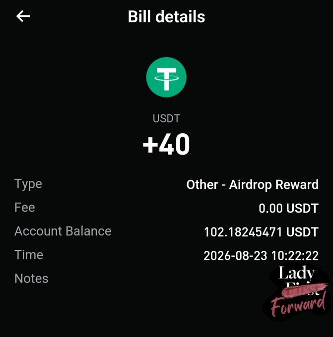 A screenshot of a cryptocurrency bill details page showing a +40 USDT 'Other - Airdrop Reward' transaction, with an account balance of 102.18245471 USDT, dated 2026-08-23 10:22:22. Includes a 'Lady First Forward' watermark.