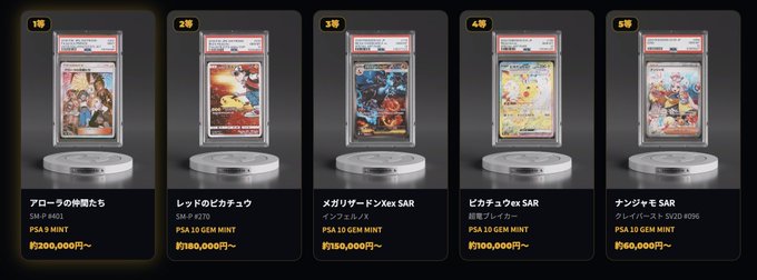 The image displays the top 5 prizes for a Pokémon card campaign running from July 3rd to 31st, featuring five PSA-graded cards such as 'Red Pikachu' and 'Mega Sazer' valued between 60,000 and 200,000 yen, with the accompanying text noting a 50 million yen USDT/BOND reward pool for participants.