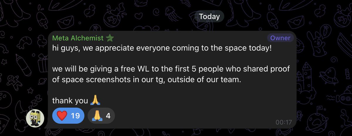 A Discord message from 'Meta Alchemist' (marked as Owner) offering a free WL to the first 5 people who share space screenshots in their Telegram, with 19 reactions shown.