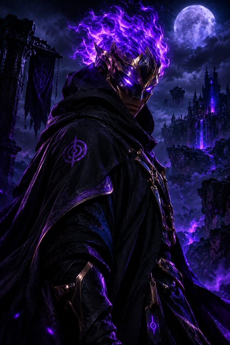 A fantasy digital artwork depicting a hooded figure with glowing purple flame-like hair and a metallic mask, set against a dark castle and full moon backdrop.