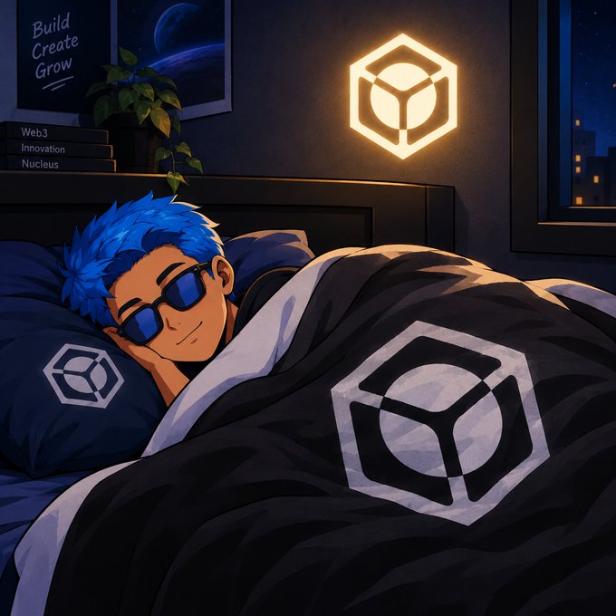An anime-style illustration depicts a blue-haired person with sunglasses sleeping in bed under a blanket featuring a 3D cube logo, with the same logo glowing on the wall and books titled "Web3", "Innovation", and "Nucleus" nearby.