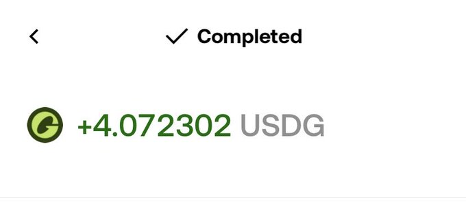 A completion screen showing a positive transaction of "+4.072302 USDG" with a green logo icon on the left.