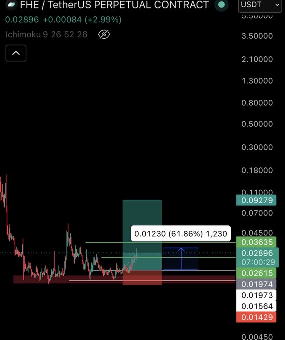 A TradingView chart of the FHE/USDT perpetual contract shows a 2.99% gain to 0.02896, with a highlighted trade setup suggesting a 61.86% profit opportunity (1,230 USDT) between entries near 0.01974–0.02615 and a target of 0.03635. This visually reinforces the post's claim that FHE is up 60% and remains a coin worth watching for further upside.