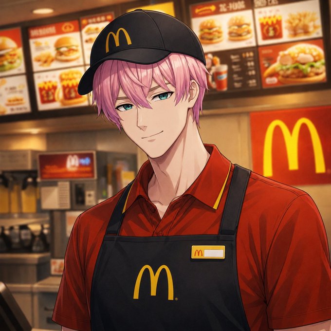 An anime-style illustration of a pink-haired male McDonald's employee wearing the brand's red shirt, black apron, and cap with the golden arches logo, standing in a restaurant with menu boards visible behind him.