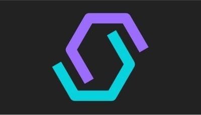 A stylized hexagonal logo featuring a purple-to-teal gradient design on a black background, appearing to be a cryptocurrency or tech brand emblem.