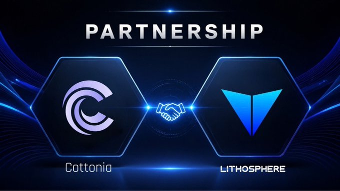 Digital partnership announcement graphic showing a handshake between Cottonia (C logo) and Lithosphere (V logo) on a dark blue background.