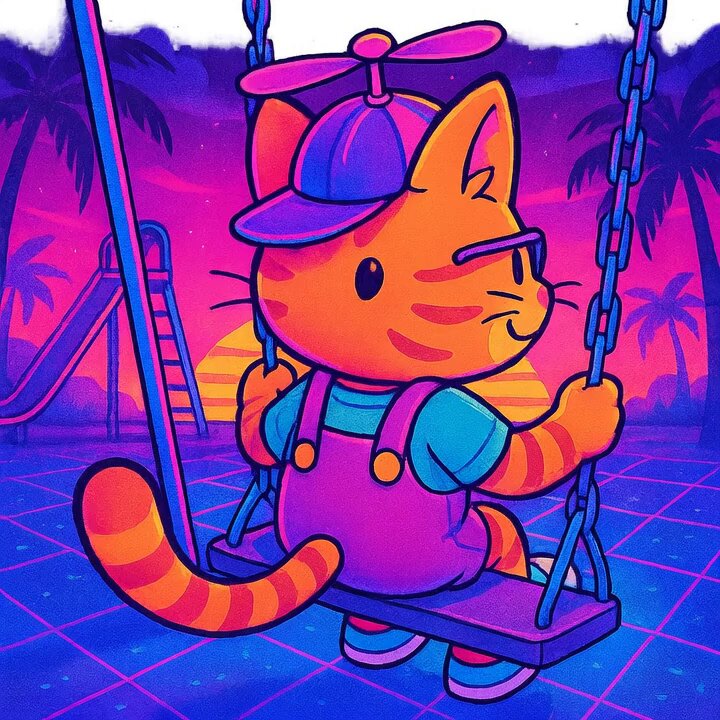 The image features a cartoon cat wearing a hat, sitting on a swing with its legs crossed. The cat appears to be looking off into the distance or observing something out of frame. The background includes palm trees and a sunset, creating an atmosphere reminiscent of the 80s era. The caption "Perfectly poised for greatness" suggests that the image is related to a post about the 80s era, possibly featuring the cartoon cat as a symbol of youthfulness and creativity during that time period.