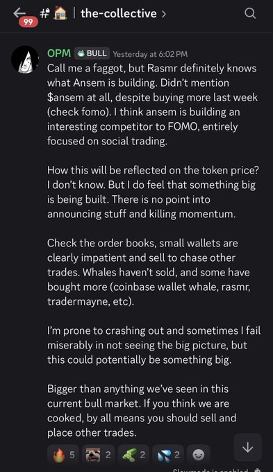 Screenshot of a Discord message from user 'OPM' in the 'the-collective' channel discussing Ansem building something big and speculating on its potential impact, using the word 'faggot' and suggesting it could be 'Bigger than anything we've seen in this current bull market.'