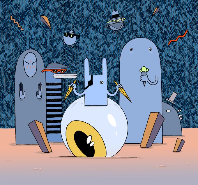 An abstract cartoon illustration featuring stylized blue figures, a large eyeball character holding lightning bolts, and other characters with sunglasses against a dark blue textured background.