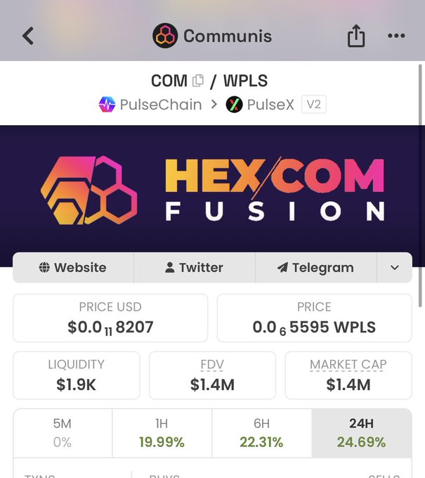 A cryptocurrency tracking app screenshot showing the "Communis" token (COM/WPLS) on the PulseChain to PulseX v2 network, displaying "HEXCOM FUSION" with a price of $0.0118207 and various market metrics.