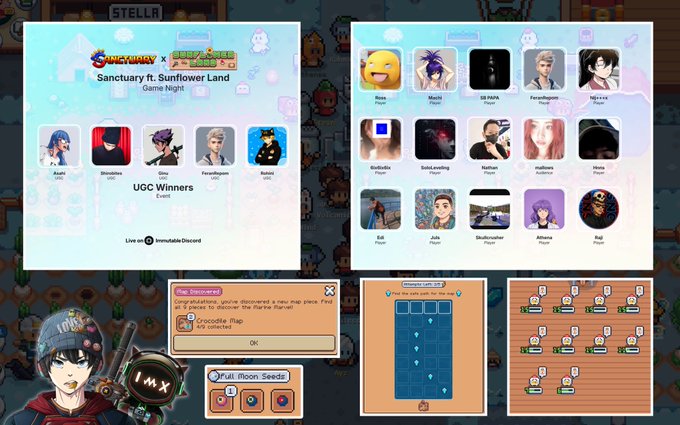 A collage showing screenshots of a game called 'Sanctuary ft. Sunflower Land' with UGC winners, Discord info, and game UI.