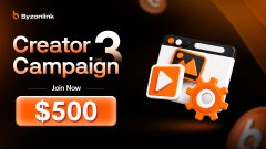 A promotional graphic for ByzenBink's Creator Campaign offering a reward of $500, featuring icons for video, photos, and settings.