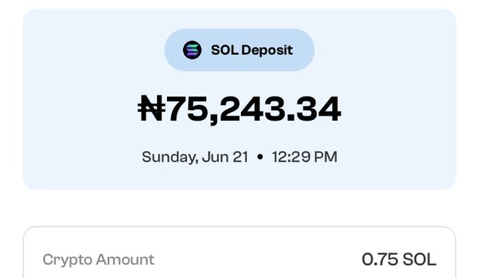 The image shows a text-based message about currency conversion, specifically focusing on the $SOL value of 75,000 Naira ( Nigerian currency). The text indicates that the conversion process has been completed, as indicated by the amount being equal to 75,000 Naira. The post reads "0.75 sol = 75K we are cooked chat", which suggests a conversation about exchanging money or receiving payment for some digital asset.