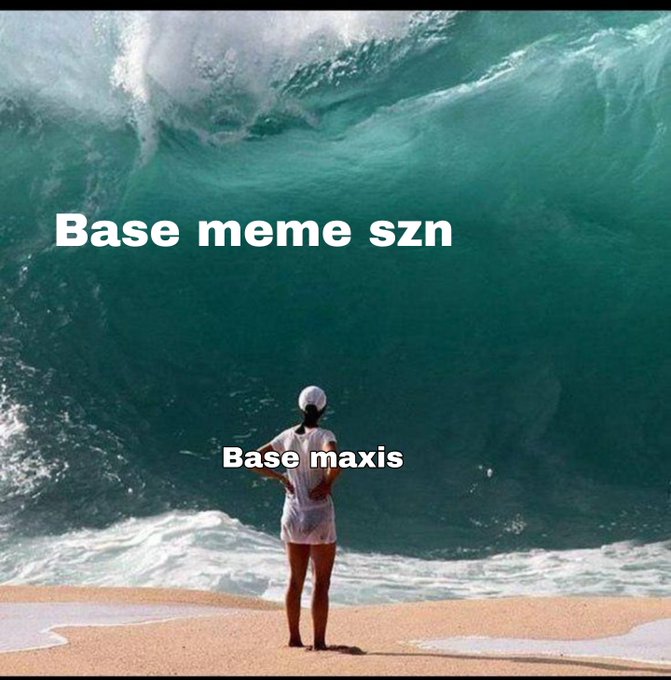 A meme featuring a person standing on a beach facing a massive ocean wave, labeled 'Base meme szn' on the wave and 'Base maxis' on the person.