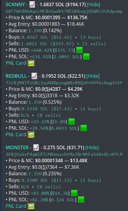 A trading interface displays profit and loss data for meme coins named SCANNY, REDBULL, and MONSTER, showing positive PNL percentages.