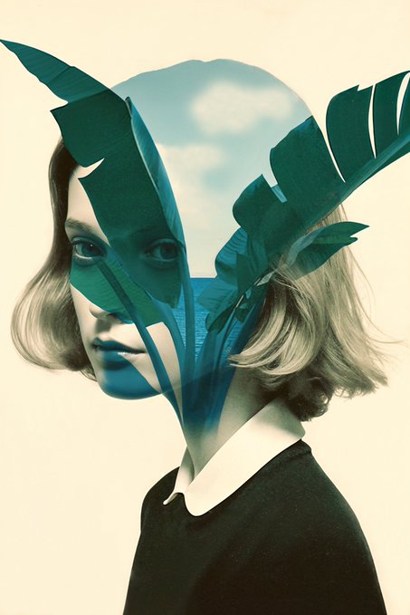 The image features a woman with blonde hair wearing a black top, standing against a white background. The photo has been edited to include elements of nature, such as leaves and branches, giving it a surreal and dreamlike quality. The caption reads "GM happy #TezosTuesday Interior Tropics editions 8 tez for proofofpalm2026". This suggests that the image is part of an art project or social media post with a specific theme related to tropical elements or nature-inspired imagery.
