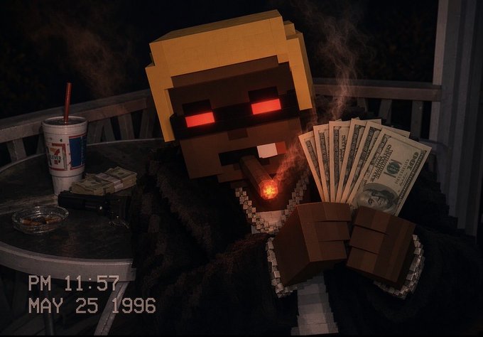 A blocky, Minecraft-style character with glowing red eyes sits on a porch at night smoking a cigar and fanning a stack of hundred-dollar bills, with a timestamp reading 'PM 11:57 MAY 25 1996' in the corner.