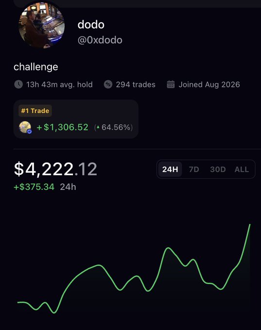 Trading profile for user 'dodo' (@0xdodo) showing 294 trades, $4,222.12 balance (+$375.34 in 24h), with a #1 Trade showing +$1,306.52 (64.56%).
