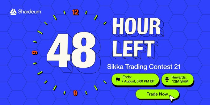 The image is a Shardeum promotional banner featuring a large clock-style countdown showing "48 HOUR LEFT" for the Sikka Trading Contest 21, ending 7 August at 6:00 PM IST with rewards of 13M SHM. It includes a green "Trade Now" call-to-action button, visually reinforcing the post's message that traders have two days remaining to climb the leaderboard and compete for their share of the 13M SHM prize pool.