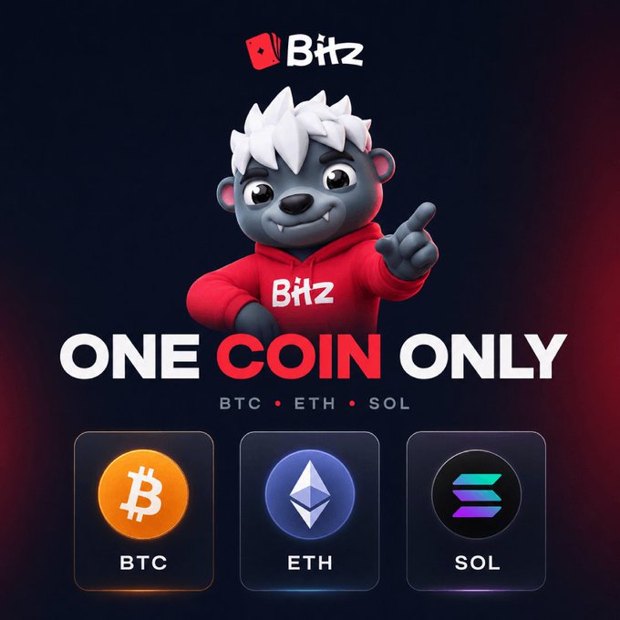 A Bitz cryptocurrency exchange advertisement featuring a cartoon gray wolf mascot in a red hoodie, promoting 'ONE COIN ONLY' with icons for BTC (Bitcoin), ETH (Ethereum), and SOL (Solana).