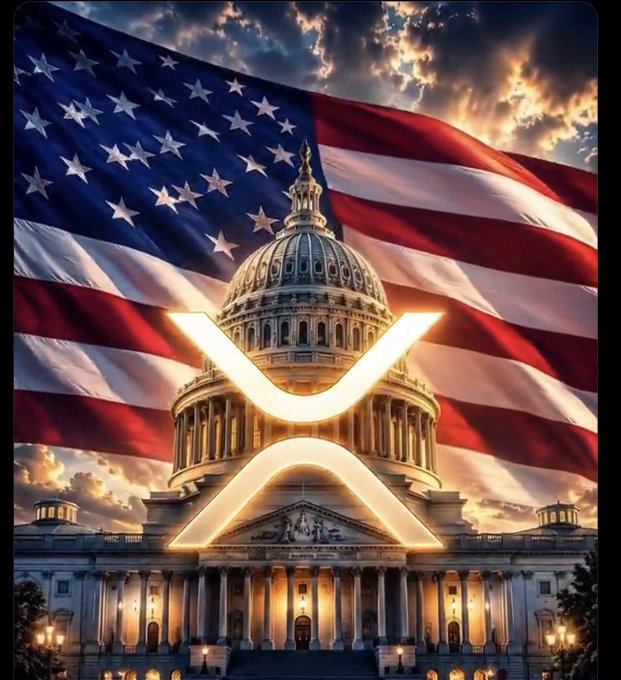 The image features the U.S. Capitol building overlaid with a glowing XRP (Ripple) logo, set against a dramatic backdrop of a waving American flag at sunset, symbolizing the urgent push for crypto legislation in America.

The visual ties directly to the post by juxtaposing a major cryptocurrency symbol with the seat of American government, emphasizing the ticking clock for the CLARITY Act and the stakes of the U.S. falling behind on crypto leadership.