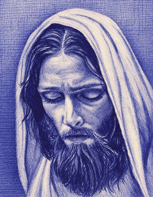 A blue ballpoint pen illustration portrait of a bearded man with closed eyes wearing a hooded robe, resembling a depiction of Jesus.