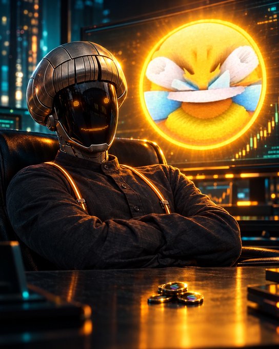 A dark, confident figure wearing a sleek metallic helmet sits in a leather chair with arms crossed, while an angry emoji encased in a glowing orange circle illuminates the background behind a glowing city skyline. The image visually reinforces the post's brash, unapologetic flex of diamond-hand conviction and refusal to fold despite a modest 0.4154 SOL balance.