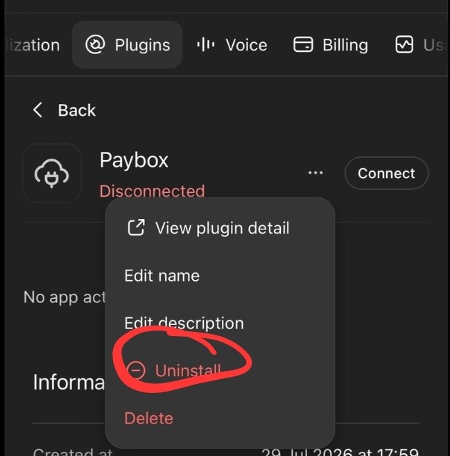 A screenshot of a ChatGPT plugin settings menu showing the "Paybox" plugin in a disconnected state, with a context menu open where the "Uninstall" option has been circled in red. The image visually supports the message by highlighting how users can remove the Paybox plugin to mitigate the potential data compromise risk from the MoonPay transaction.