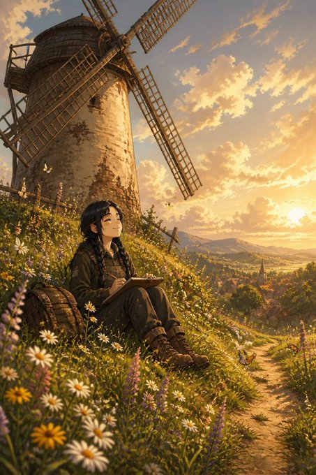 The image depicts an anime-style girl with dark hair sitting in a meadow of wildflowers beside an old stone windmill, sketching in a notebook while butterflies flutter around her at sunset. The peaceful, pastoral scene reflects the gentle, contented mood of "gmgm..." through its tranquil countryside atmosphere.